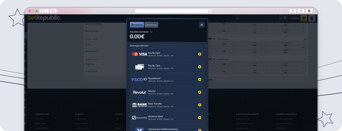 Auszug der verfügbaren Zahlungsmethoden bei BetRepublic