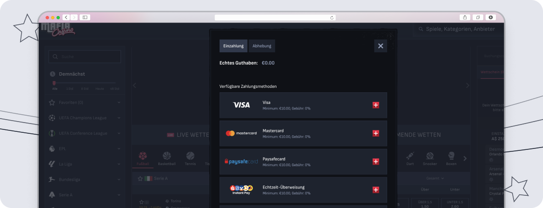 Mafia Casino bietet eine gute Auswahl an Zahlungsmethoden