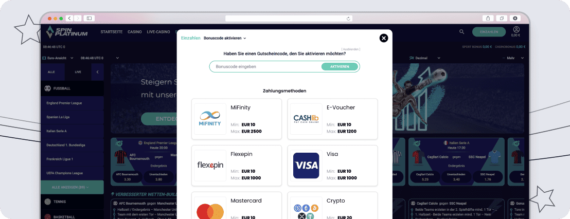 Auszug der Einzahlungsmethoden bei SpinPlatinum