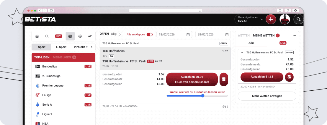 Cashout-Funktion bei Betista