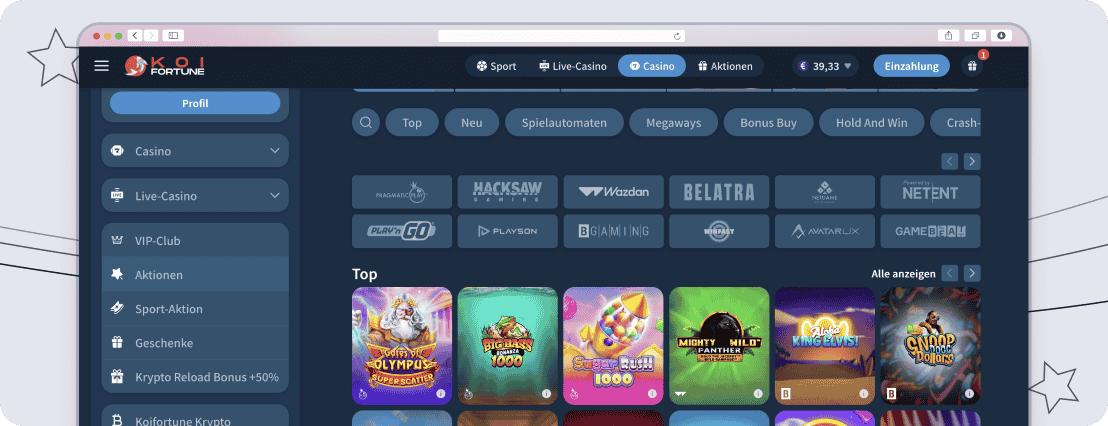 Starkes KoiFortune Casino mit tausenden Slots & Co.