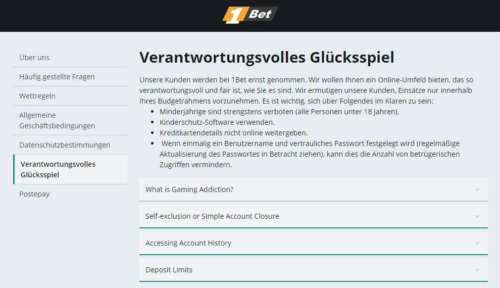 Verantwortungsvolles Spielen bei 1bet
