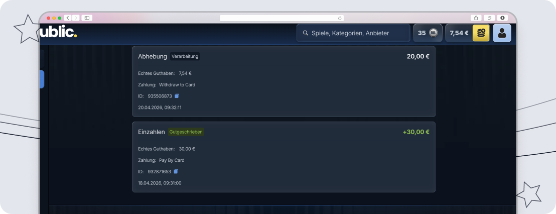 Blick auf meine Zahlungshistorie im BetRepublic Test