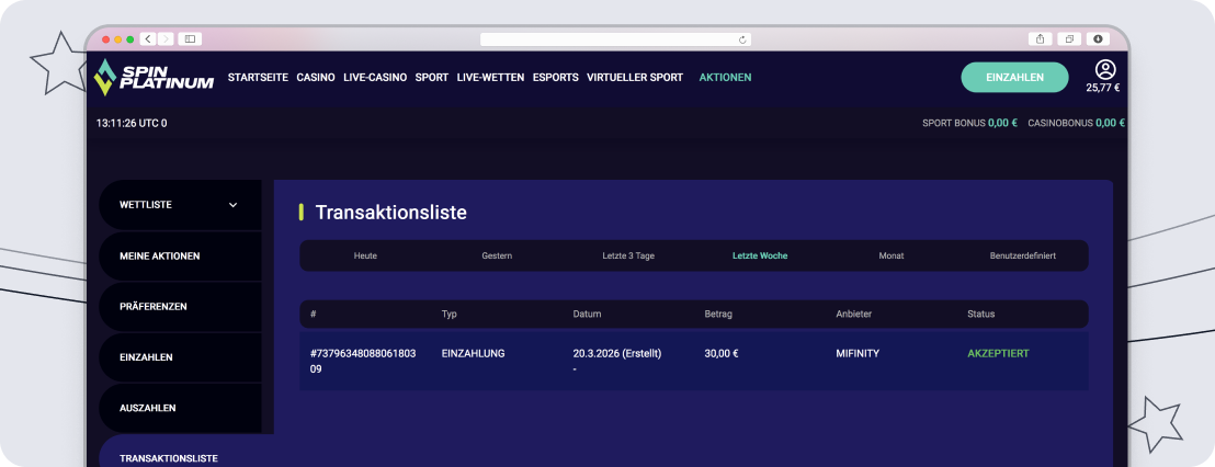 Blick auf meine Transaktionsliste bei SpinPlatinum