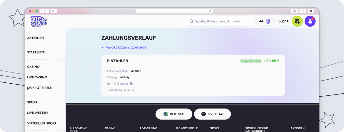 Nachweis der Vipsta Einzahlung im Test