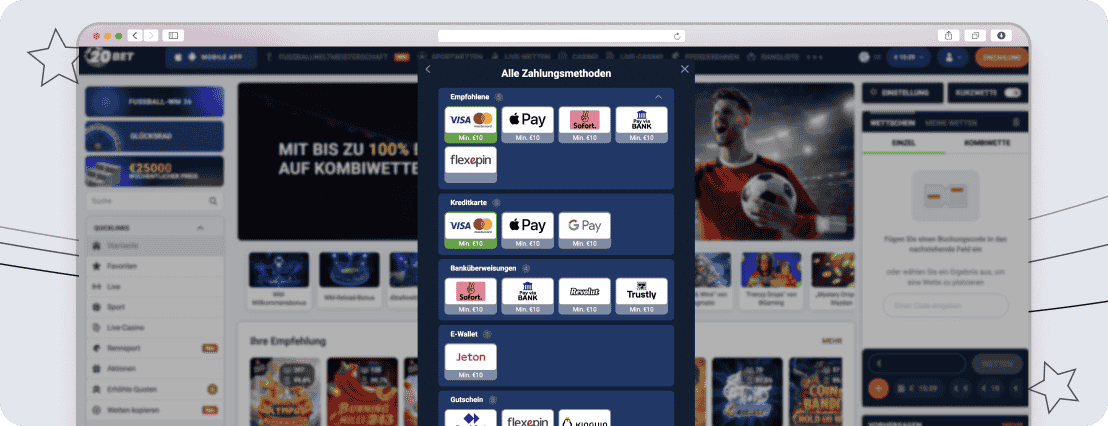 Zahlungsmethoden bei 20Bet