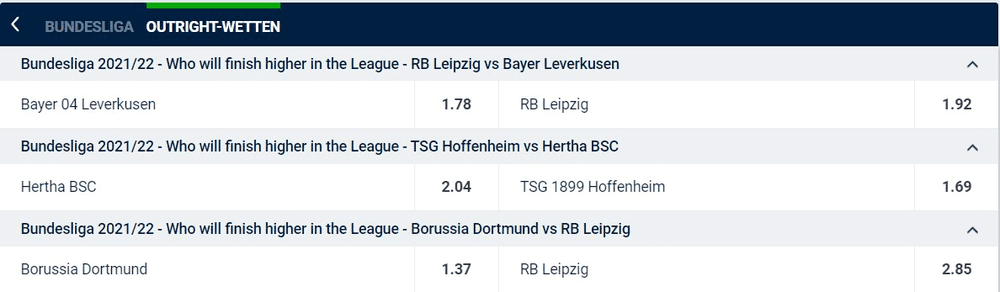 20BET Bundesliga Outright Wetten - Spezialwetten