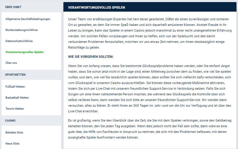 Festlegen des Limits bei 20BET