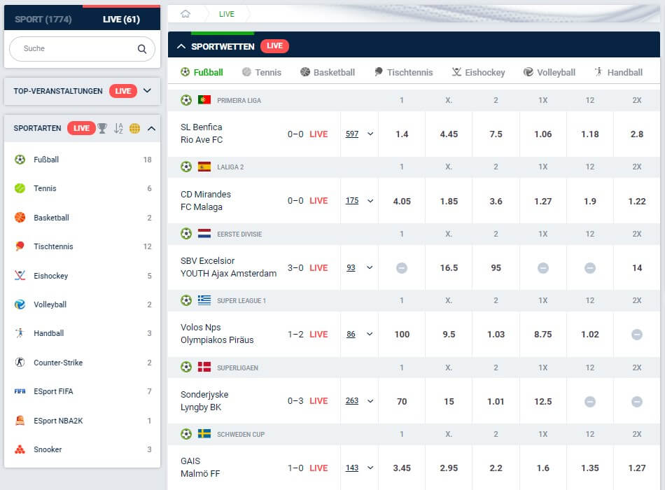 Livewetten von 20bet