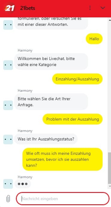 Live-Chat von 21Bets