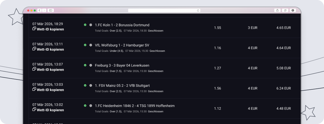 Blick auf meine Wetthistorie bei RollXO