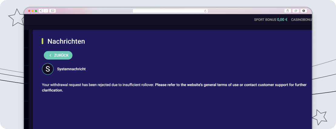 Nachricht von SpinPlatinum zur Ablehnung der Auszahlung