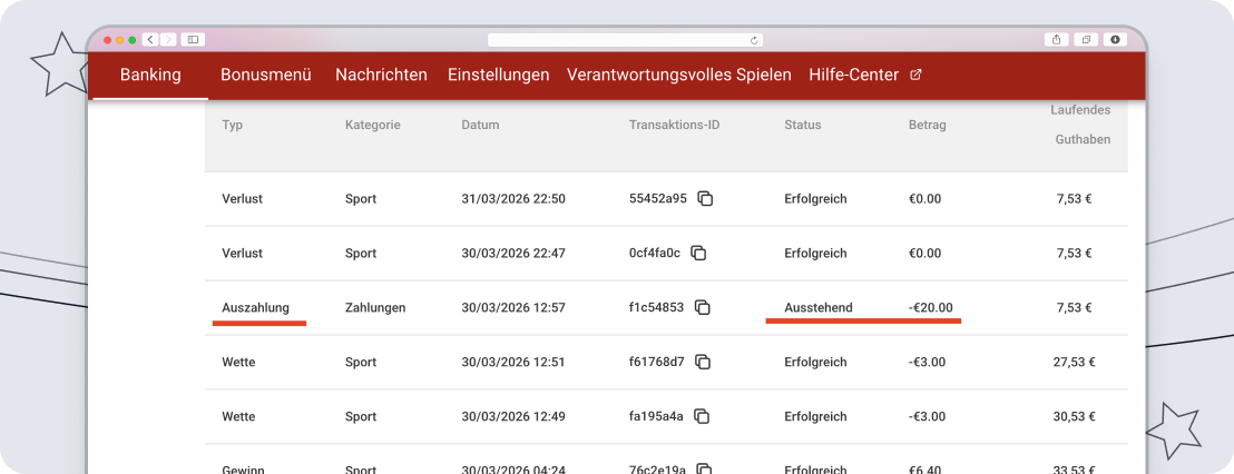Blick auf die 55bet Transaktionsliste