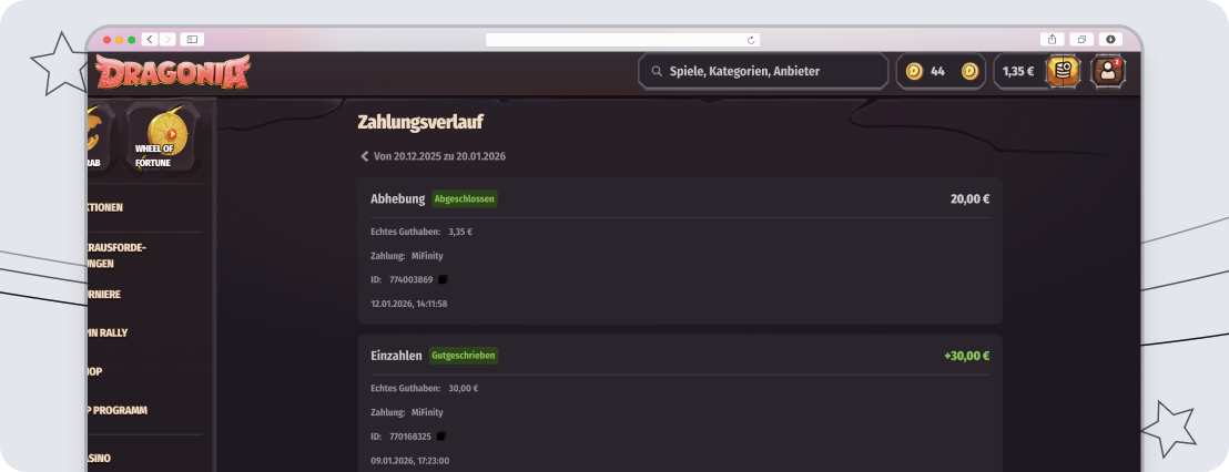 Mein Zahlungsverlauf bei Dragonia