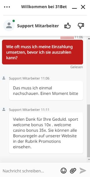 Live-Chat von 31 Bet