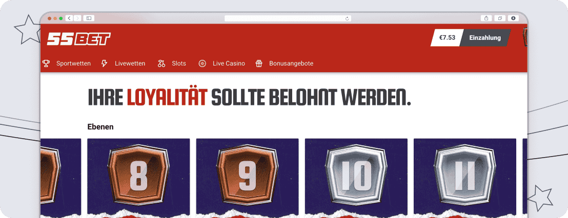Das 55bet Treueprogramm umfasst 25 Level