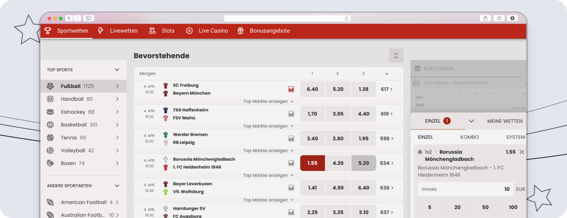 55bet mit großer Viefalt an Bundesliga-Wetten