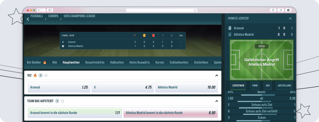 Blick auf die Livewetten-Sektion mit virtuellem Spielfeld