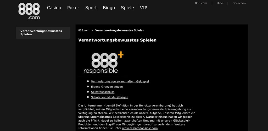 Auszug "Verantwortungsvolles Spielen" auf der Webseite von 888sport (Quelle: 888sport)