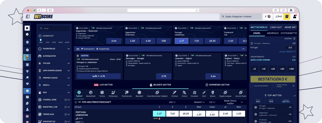 BetScore Design in gewohnter Sportwetten-Optik