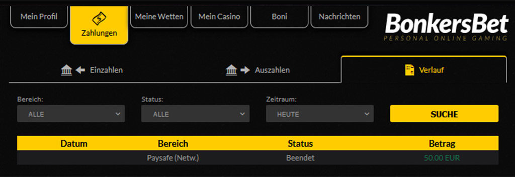 BonkersBet Zahlungen Übersicht