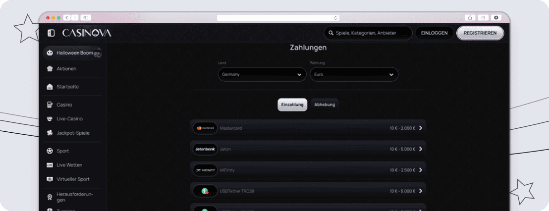 Casinova Einzahlungen & Auszahlungen