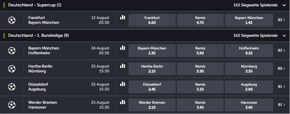 comeon Sportwetten Deutschland Supercup und Bundesliga Wetten