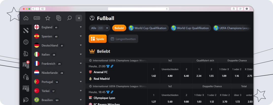 Design und Übersicht einer Sportwettenplattform.