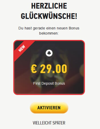 Screen, der die Aktivierung des Ersteinzahlungsbonus anbietet