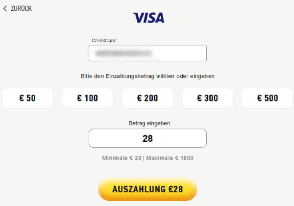 Eingabefeld für die Auszahlung per Kreditkarte