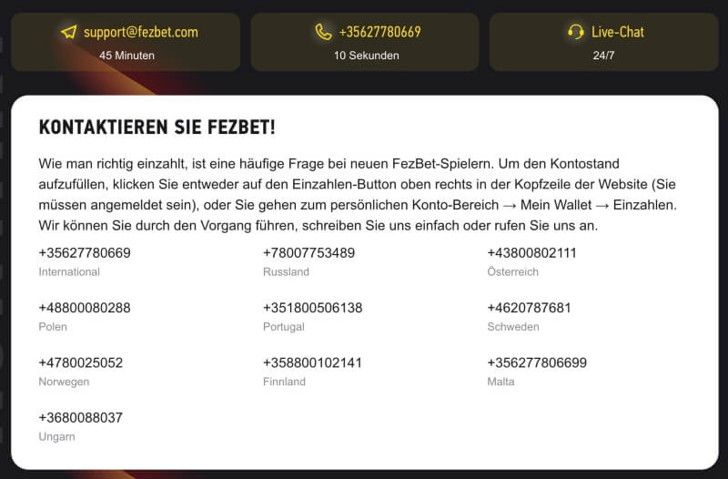 FezBet Sportwetten Erfahrungen – Kontaktmöglickeiten, Übersicht über internationale Rufnummern für den telefonischen Kundenservice