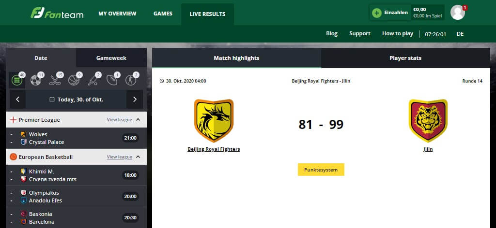 Live Results auf FanTeam