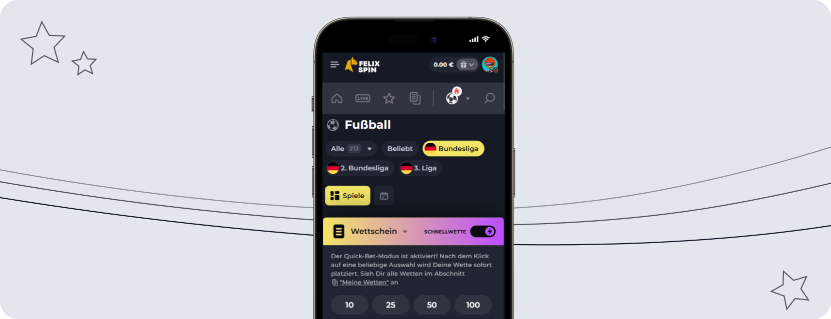 Sportwetten-Ansicht im Mobilformat einschließlich geöffnetem Wettschein mit Schnellwetten-Modus.