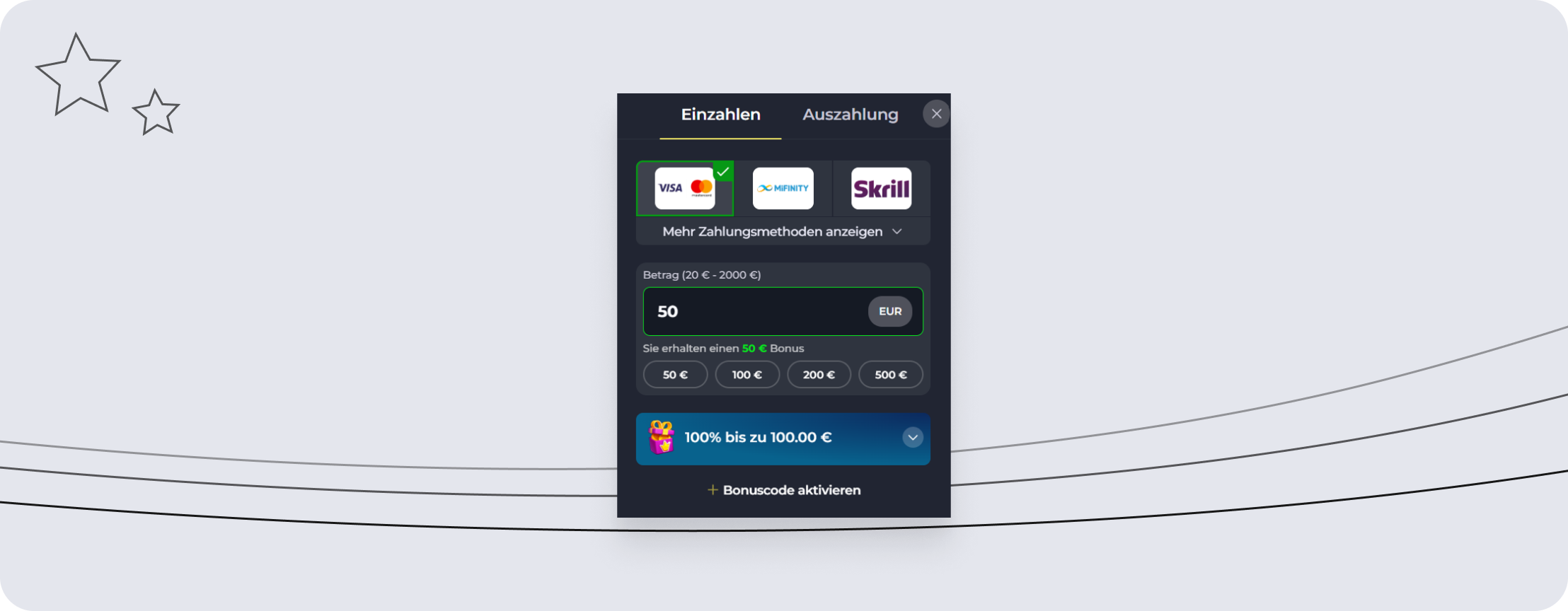 Anzeige der verschiedenen Zahlungsmethoden bei Felixspin.