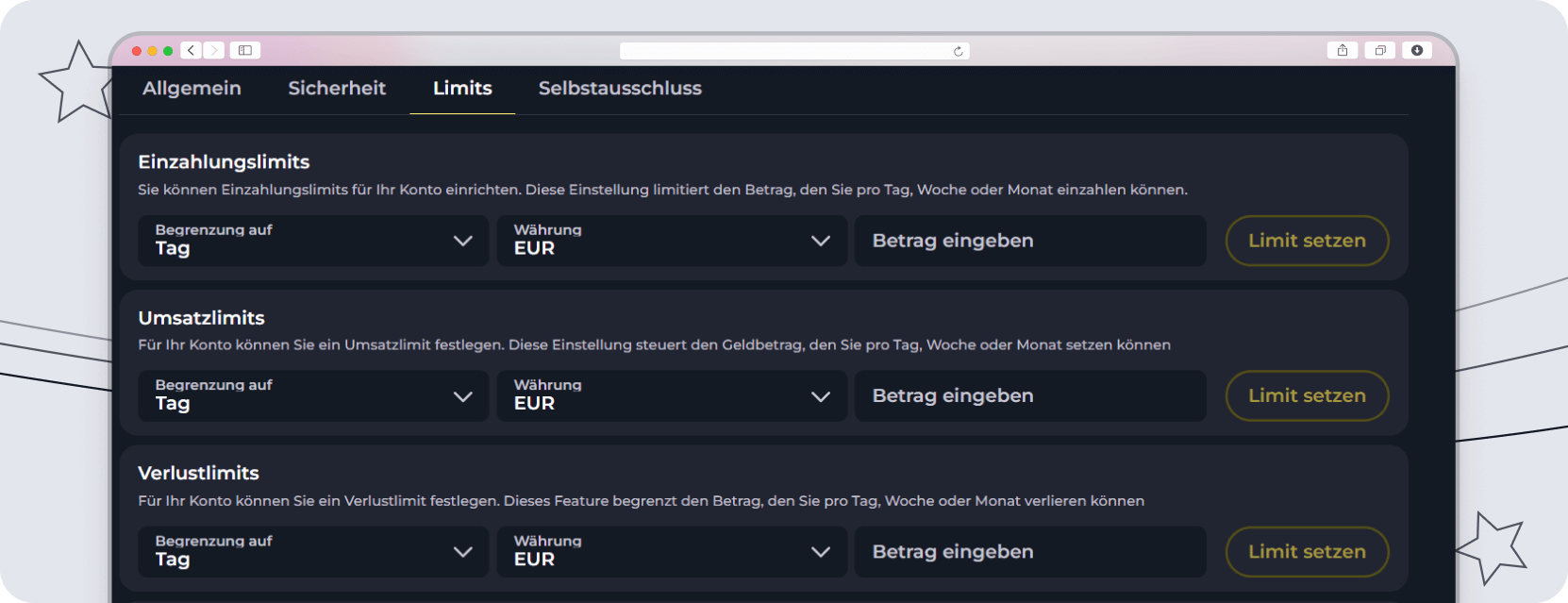 Optionen wie Spielpausen, Umsatz- und Verlustlimits sowie Selbstauschluss im Kundenprofil bei Felixspin.
