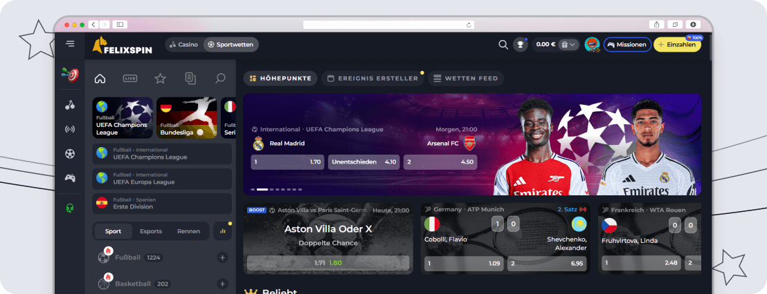 Banner zeigt Sportwetten-Events beim Online Wettanbieter Felixspin.