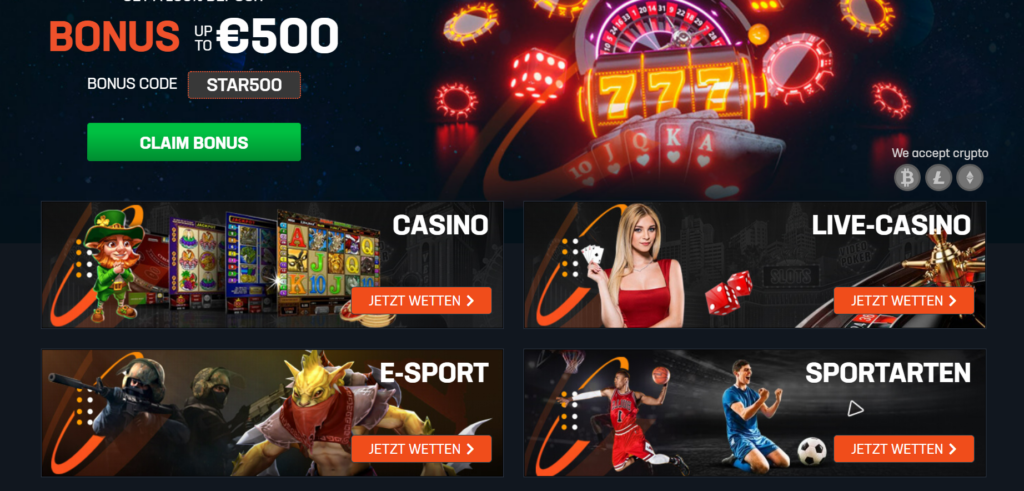 Galaxy.bet Kategorien Casino, Live-Casino, eSport & Sport