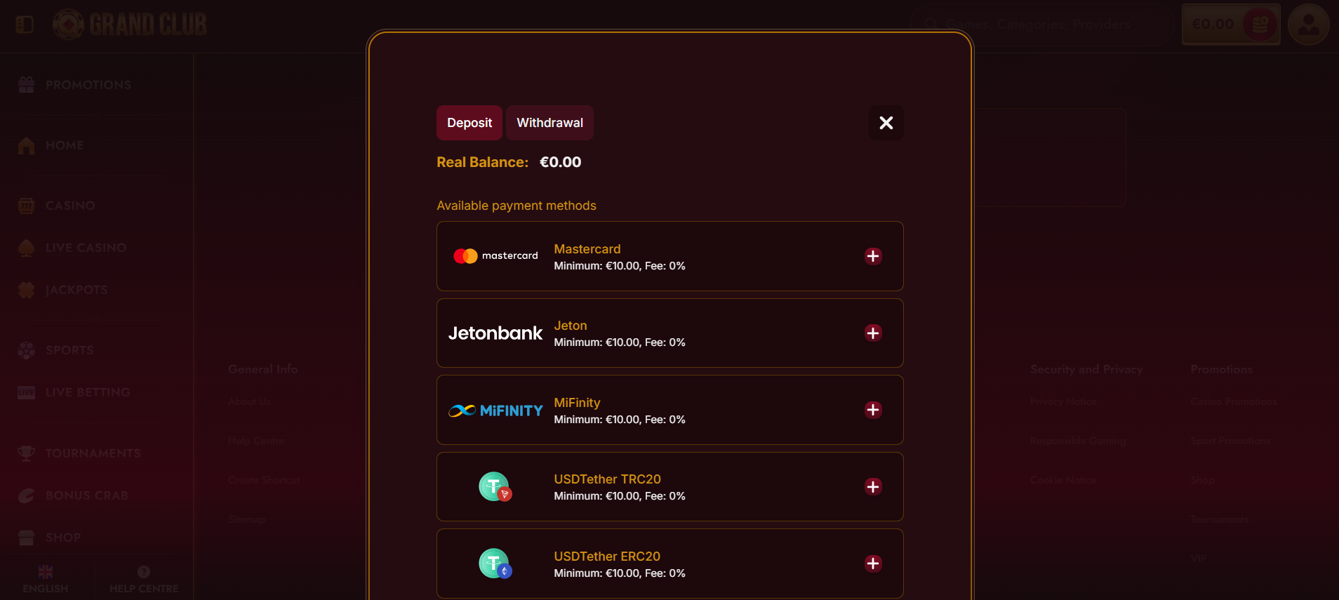 Screenshot Grandclub Einzahlungsübersicht Desktop