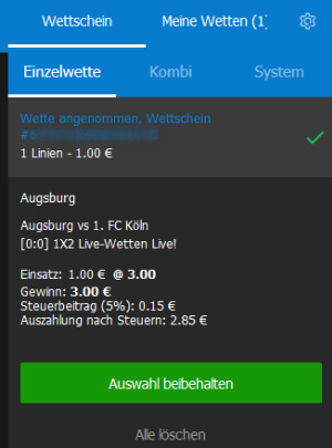 Angenommener Wettschein bei Hopa Sportwetten