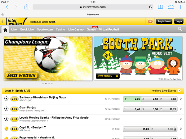 Tablet-Version (aufgenommen vom iPad) von Interwetten (Quelle: Interwetten)