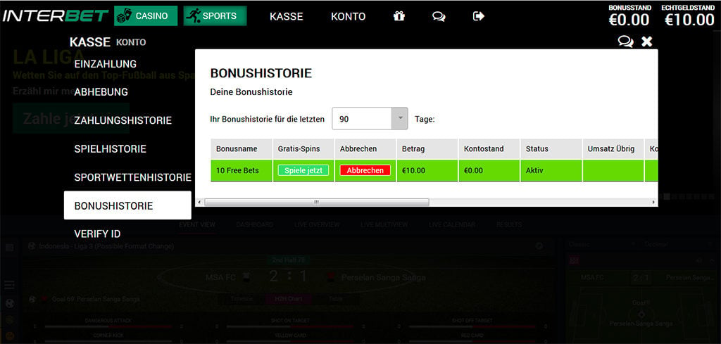 Interbet Sportwetten Bonushistorie