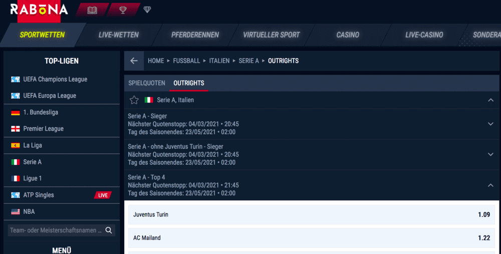 Rabona Langzeitwetten - Wetten auf Ligen