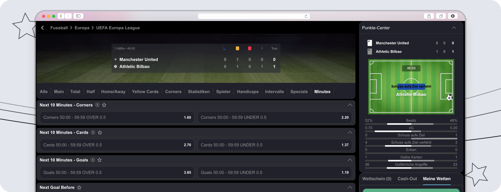 Live-Wettangebot im Fußball mit Statistikbereich