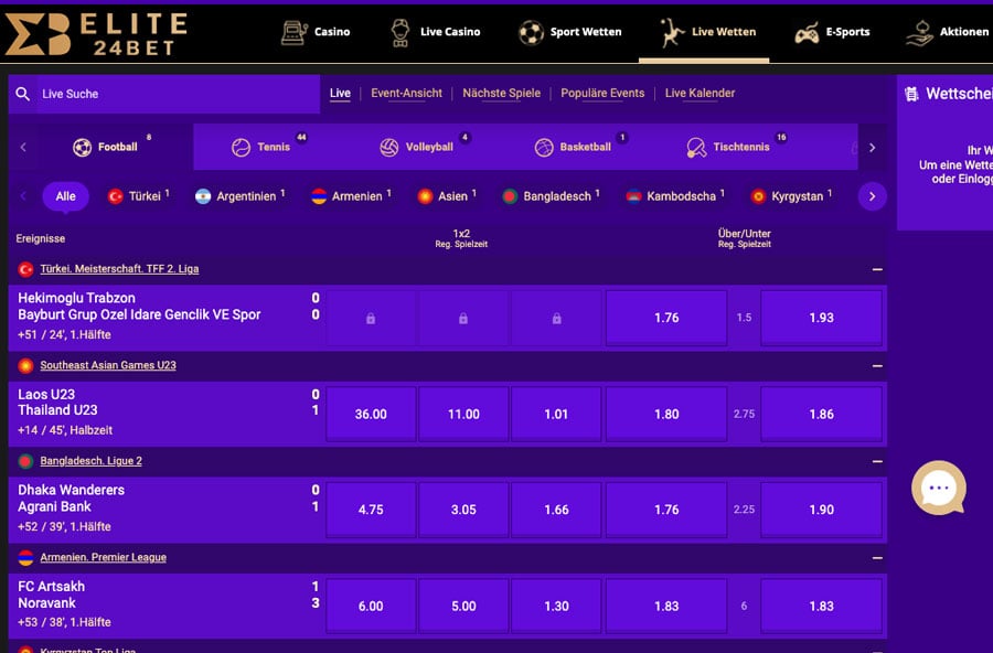 Livewetten von Elite24Bet