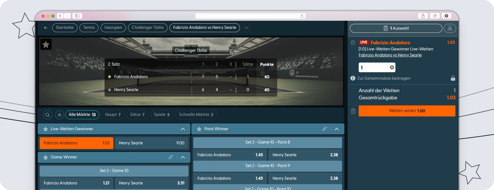 Sportwettenseite mit diversen Optionen und Wetten.