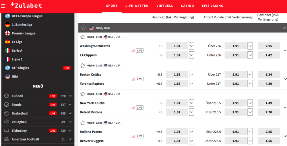 Zulabet NBA Wetten - Wetten auf Ligen