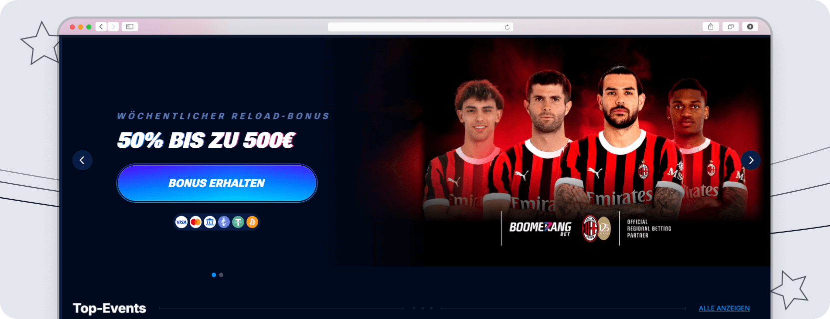 Screenshot vom wöchentlichen Reloadbonus auf einer Sportwettenseite mit Bild von Fußballern des AC Milan Fußballvereins.