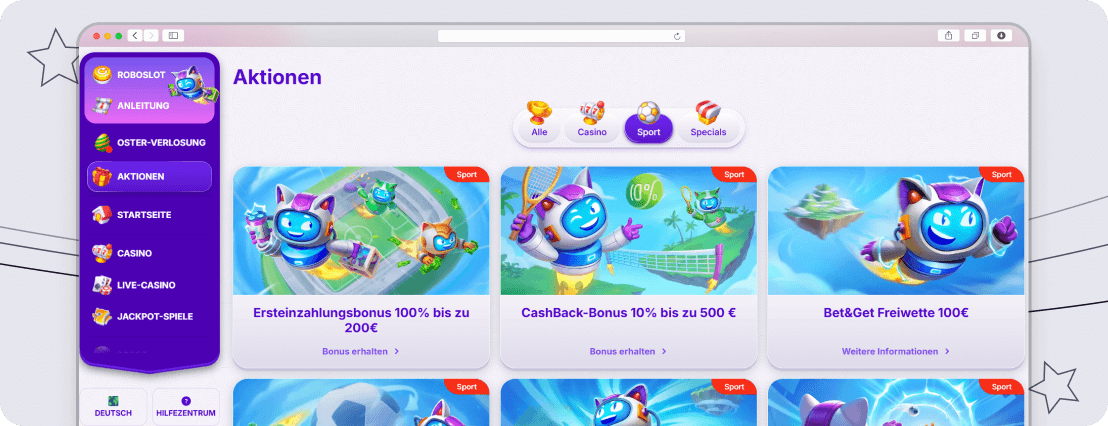 Sportaktionen beim Online Wettanbieter RoboCat.