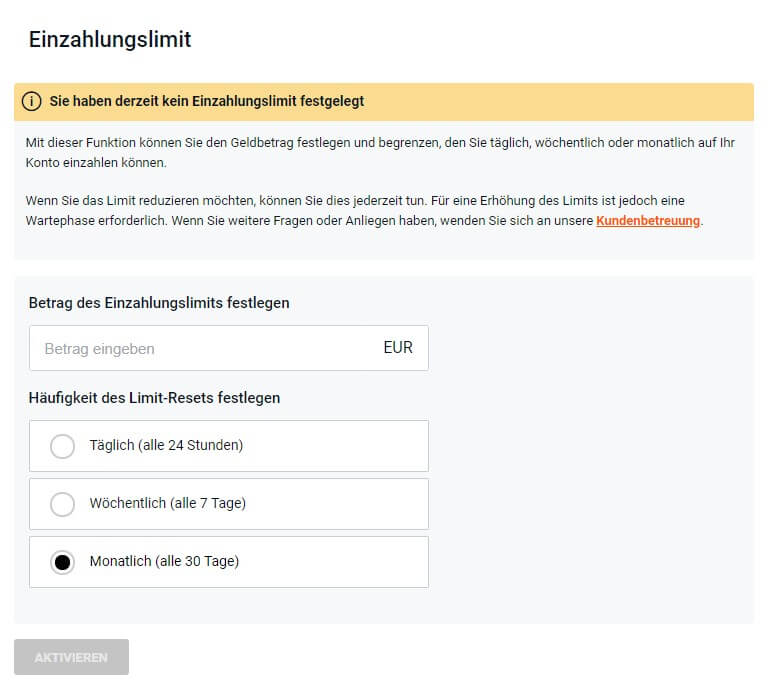 Festlegen des Einzahlungslimits