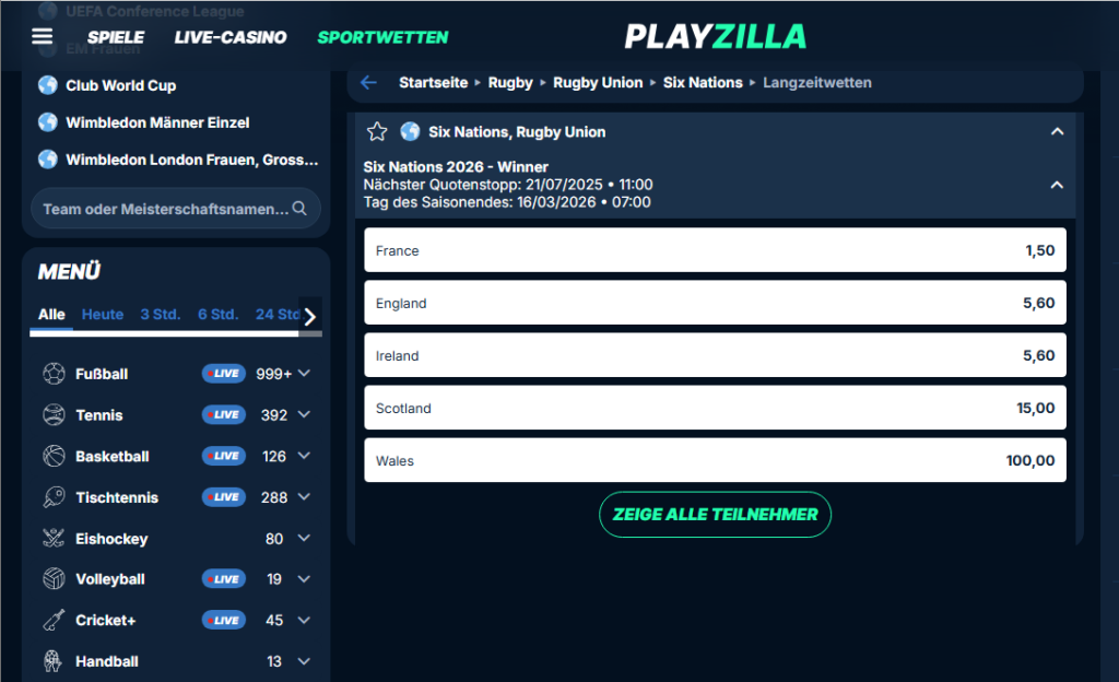 Playzilla rugby wetten
